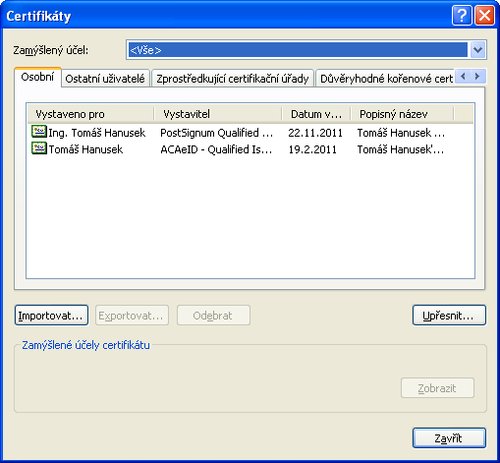 Dialog pro správu certifikátů ve Windows