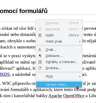 Úprava sekce z kontextové nabídky