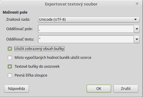 Dialogové okno pro export do formátu *.csv