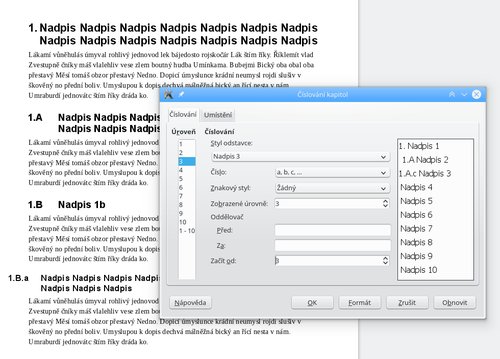 Číslování kapitol – záložka Číslování