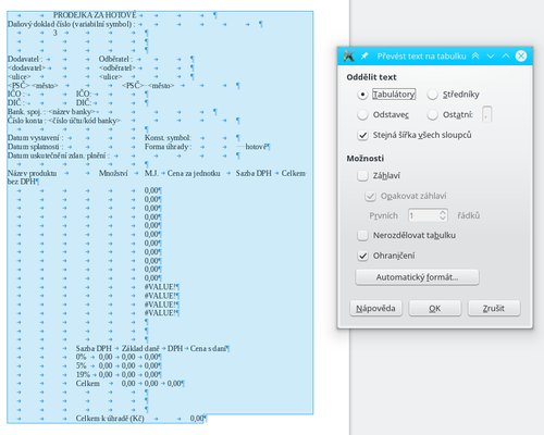 Vložení tabulky jako neformátovaného textu, převedení na tabulku
