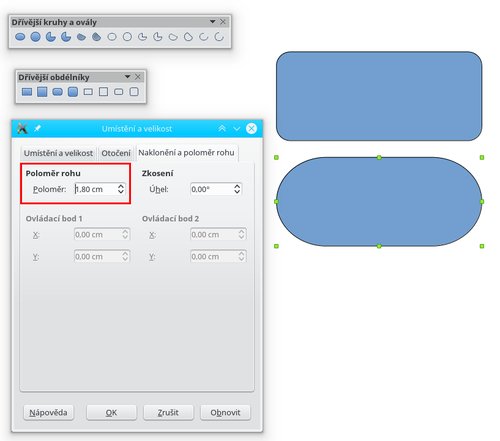 Obdélník nakreslený nástrojem z panelu Dřívější obdélníky (LibreOffice)