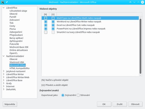 Nastavení převodu objektů Microsoft Office na objekty LibreOffice