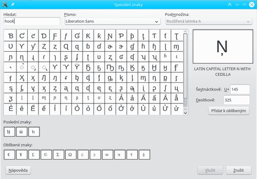 Upravená podoba okna Speciální znaky﻿