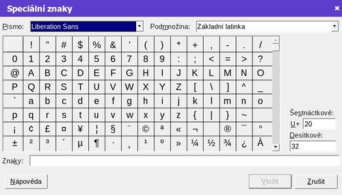 Nové okno pro vkládání zvláštních znaků