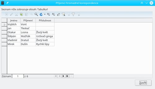 Zobrazení vybrané databázové tabulky