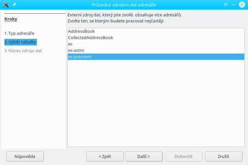 Výběr adresářové tabulky z databáze kontaktů