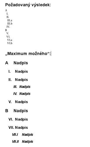 Požadovaná struktura číslování nadpisů a dosažitelný výsledek