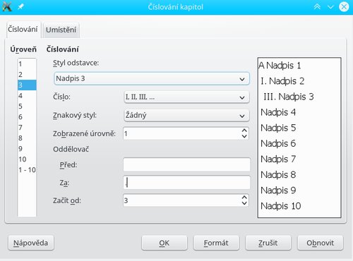 Nesprávné nastavení číslování Nadpisu 3