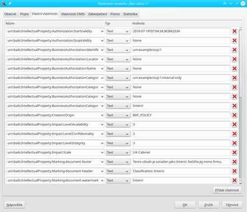 Metadata klasifikovaného dokumentu v okně Vlastnosti