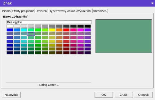 Výběr vlastní barvy v dialogovém okně Znak
