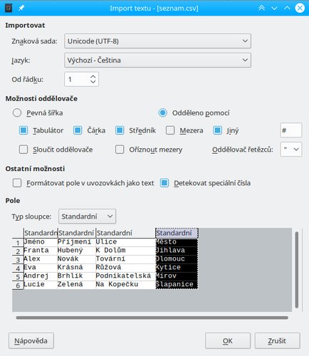 Importní filtr pro CSV soubor v LibreOffice