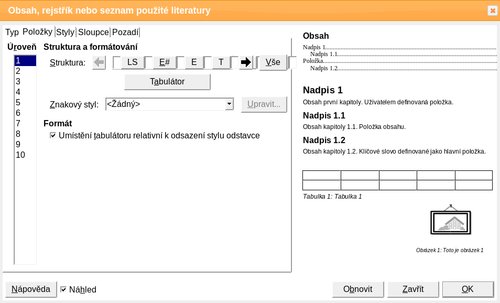 Dialogové okno Obsah, rejstřík nebo seznam použité literatury