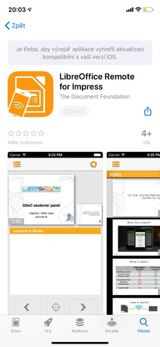 Pro instalaci na iOS je třeba aktualizovat aplikaci