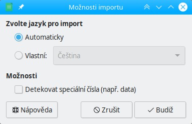 Dialogové okno Možnosti importu