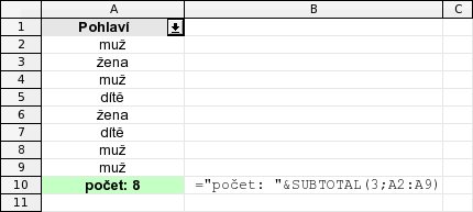 Počet položek pomocí SUBTOTAL - bez filtru