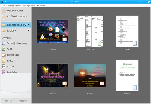 Úvodní obrazovka LibreOffice